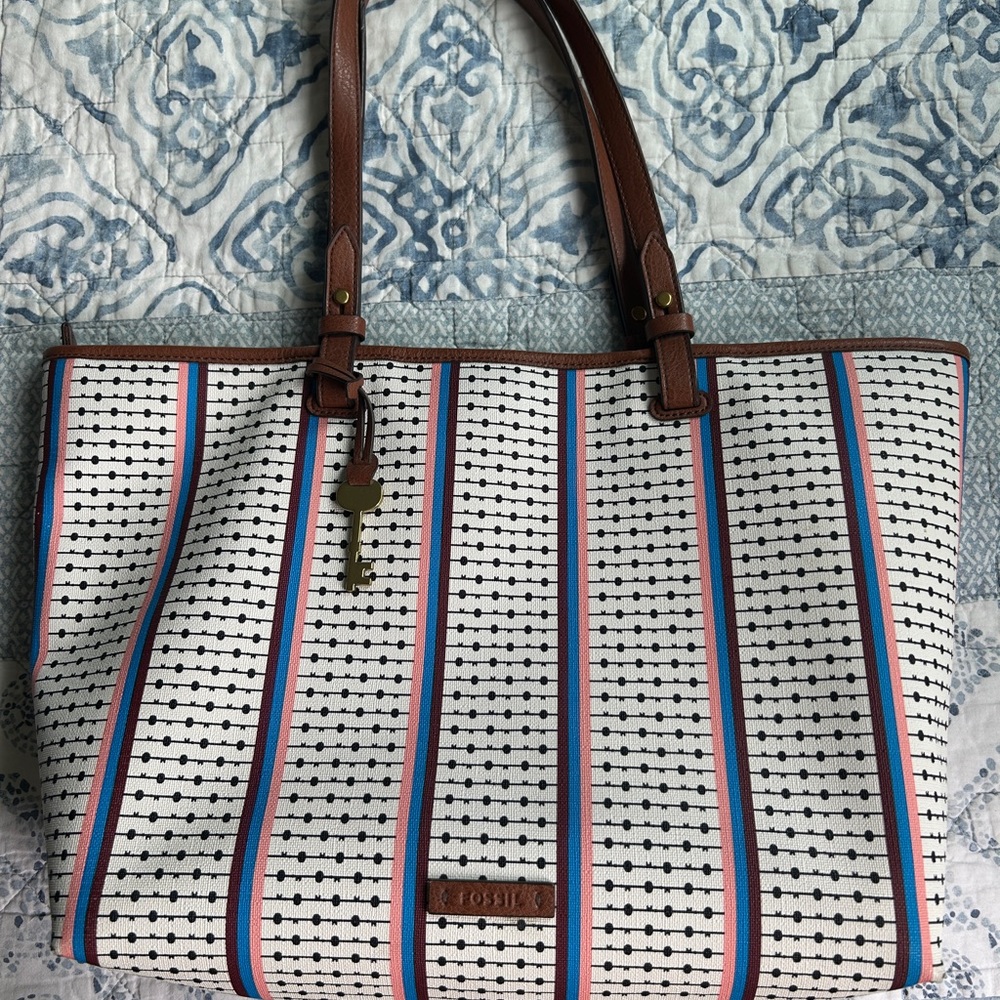 Fossil Women's Striped Tote Bag - White, Blue, Brown